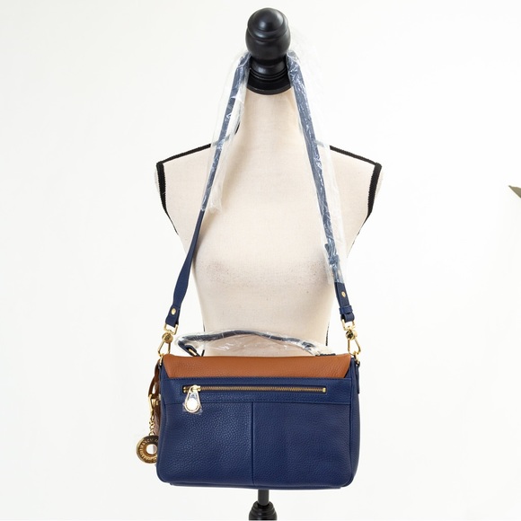 Preppy leather messenger bag Isaac Mizrahi Live Bridgehampton blue & brown - Picture 3 of 16